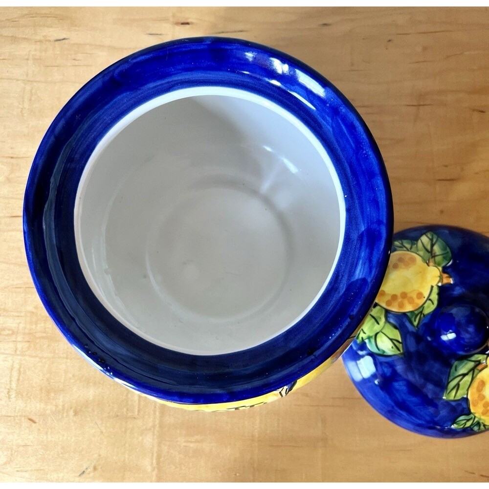 Vintage Ceramic Italian Hand-painted Biscotti Jar Blue & Yellow Lemons Cookie - Picture 5 of 7